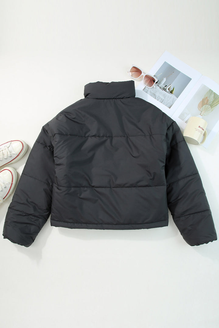 Black Zip Up Drawstring Hem Puffer Jackets