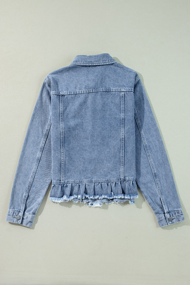 Beau Blue Ruffle Raw Hem Flap Pockets Denim Jacket