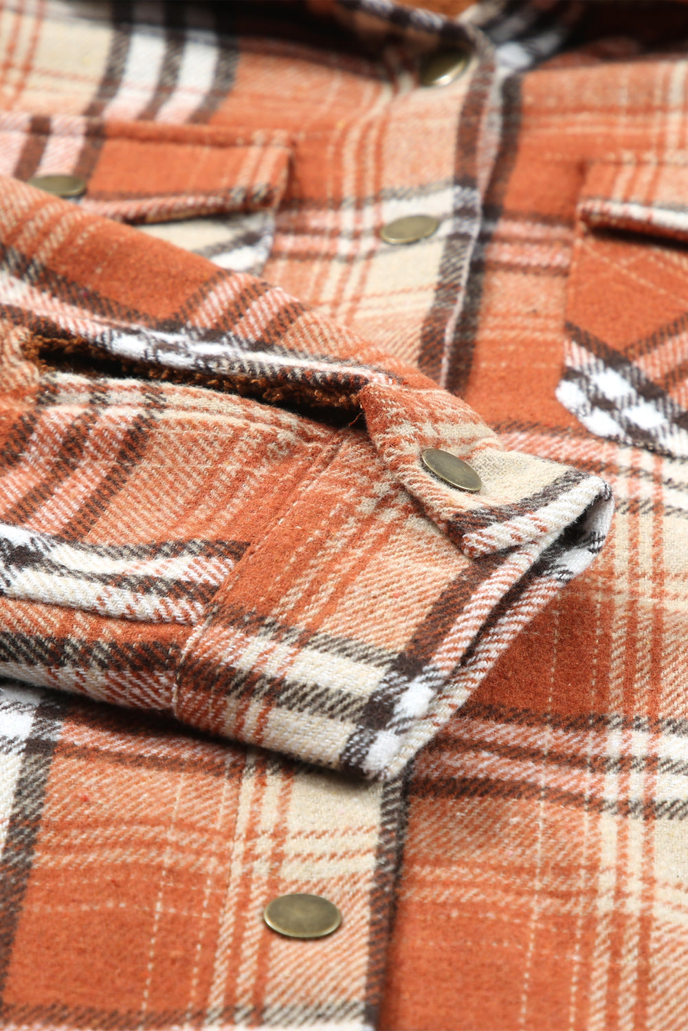 Orange Plaid Pattern Sherpa Lined Hooded Shacket