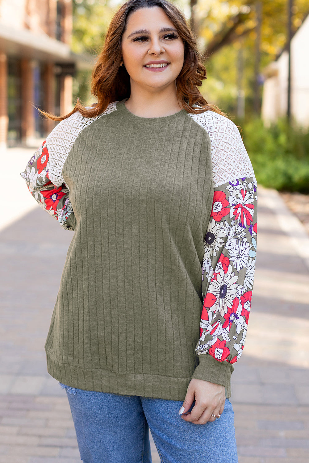 Vineyard Green Plus Size Textured Floral Patchwork Raglan Sleeve Blouse