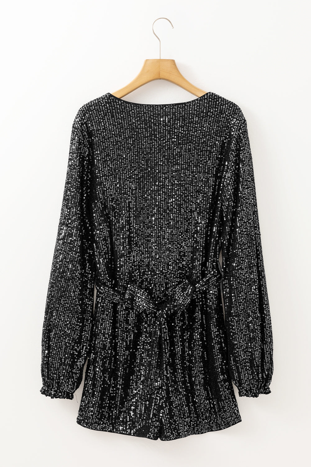 Black Sequined V Neck Wrapped Long Sleeve Romper