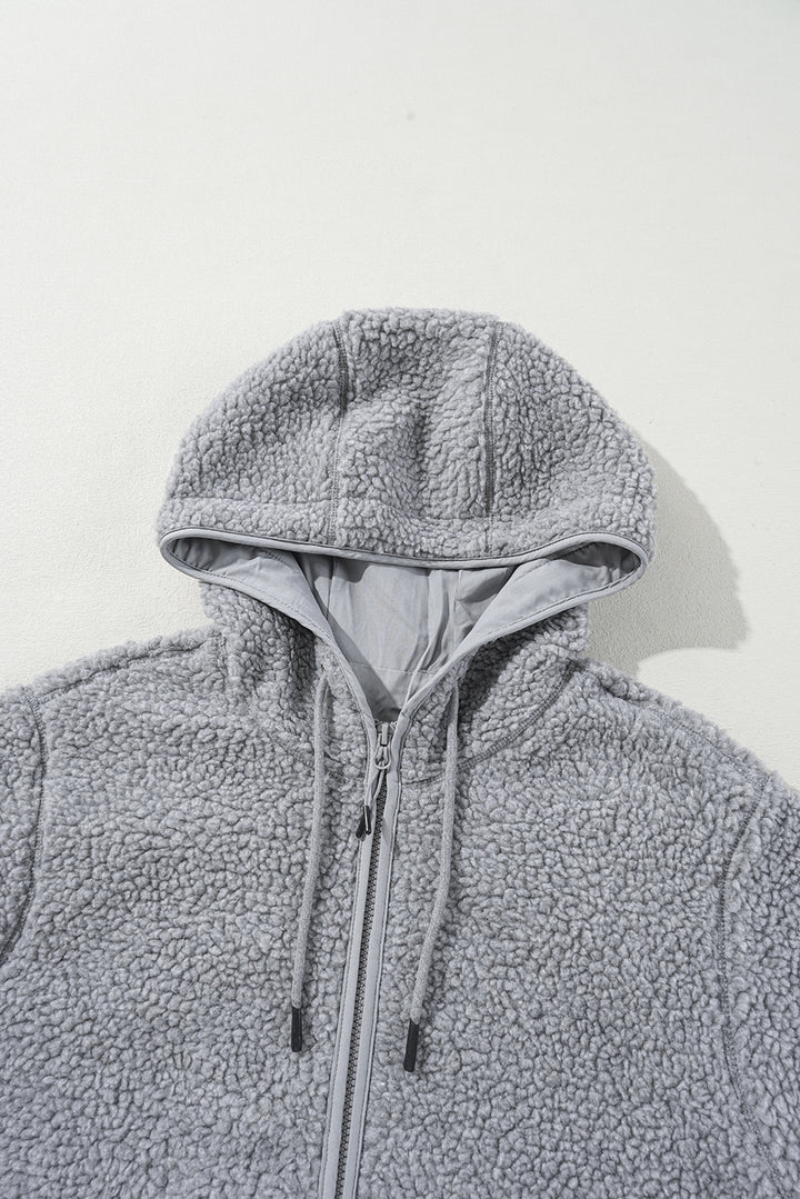 Medium Grey Fleece Zip Up Drawstring Hooded Pocketed Jacket