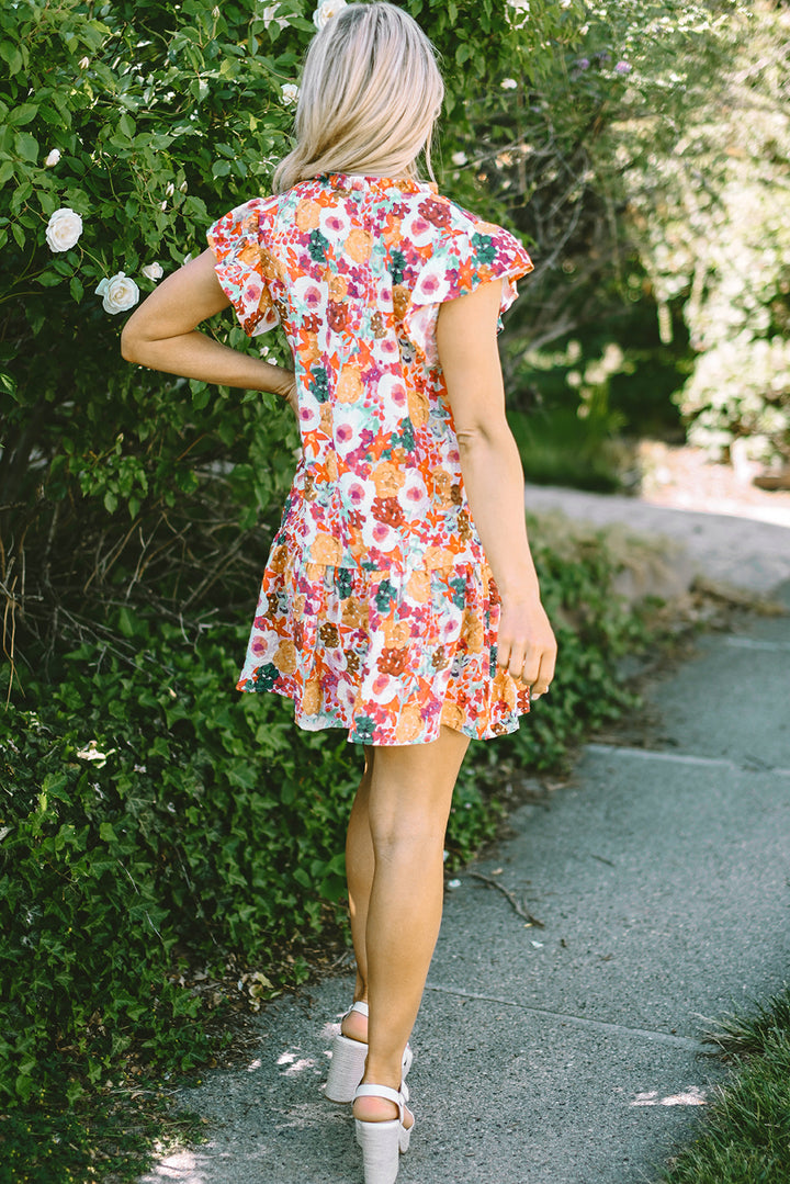 Purple Floral Print Split Neck Flutter Sleeve Dress