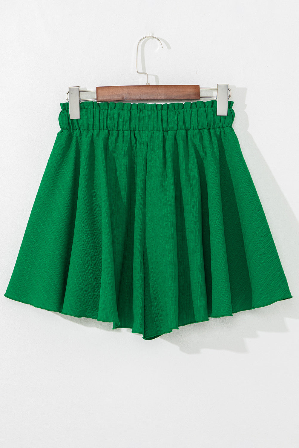 Dark Green Textured Frilled Lace-up High Waist Ruffle Wide Leg Shorts