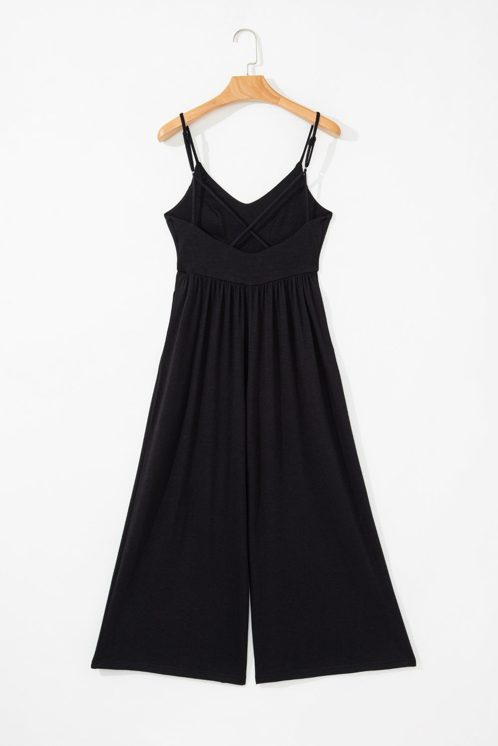 Black Spaghetti Straps Open Back Pleated Wide Leg Jumpsuit