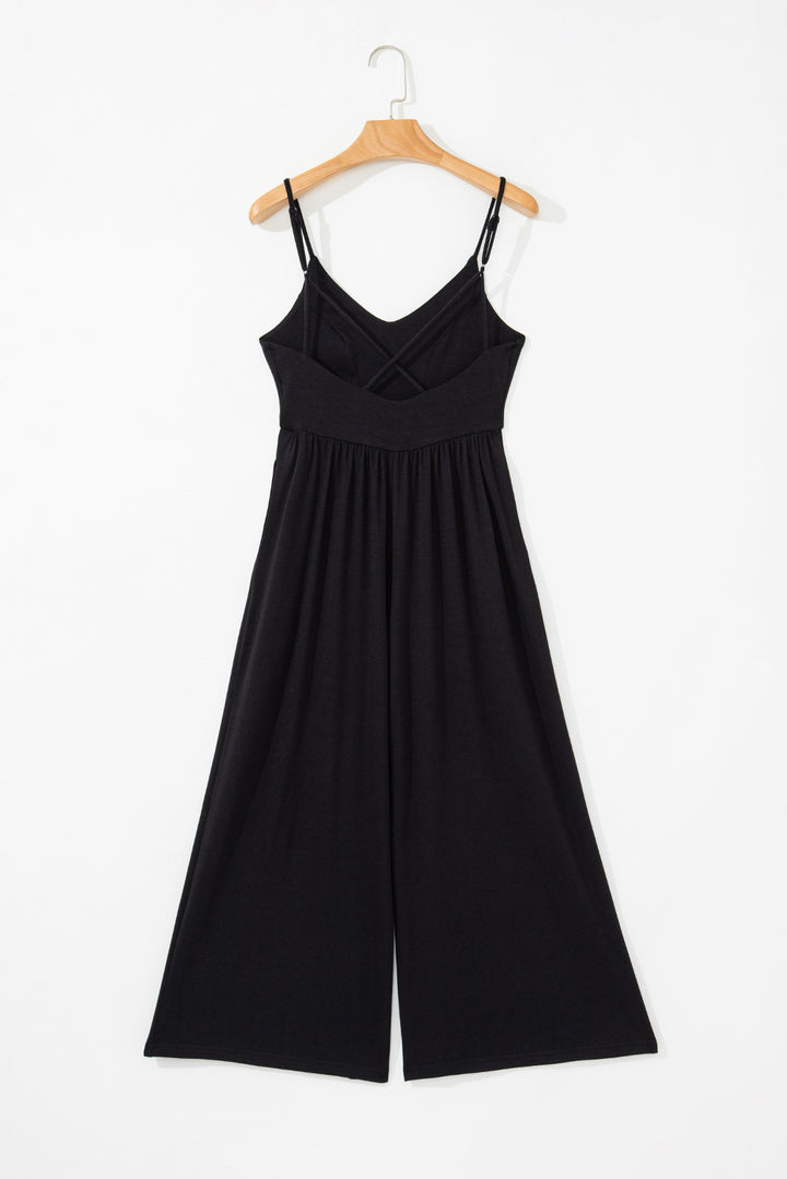 Black Spaghetti Straps Open Back Pleated Wide Leg Jumpsuit