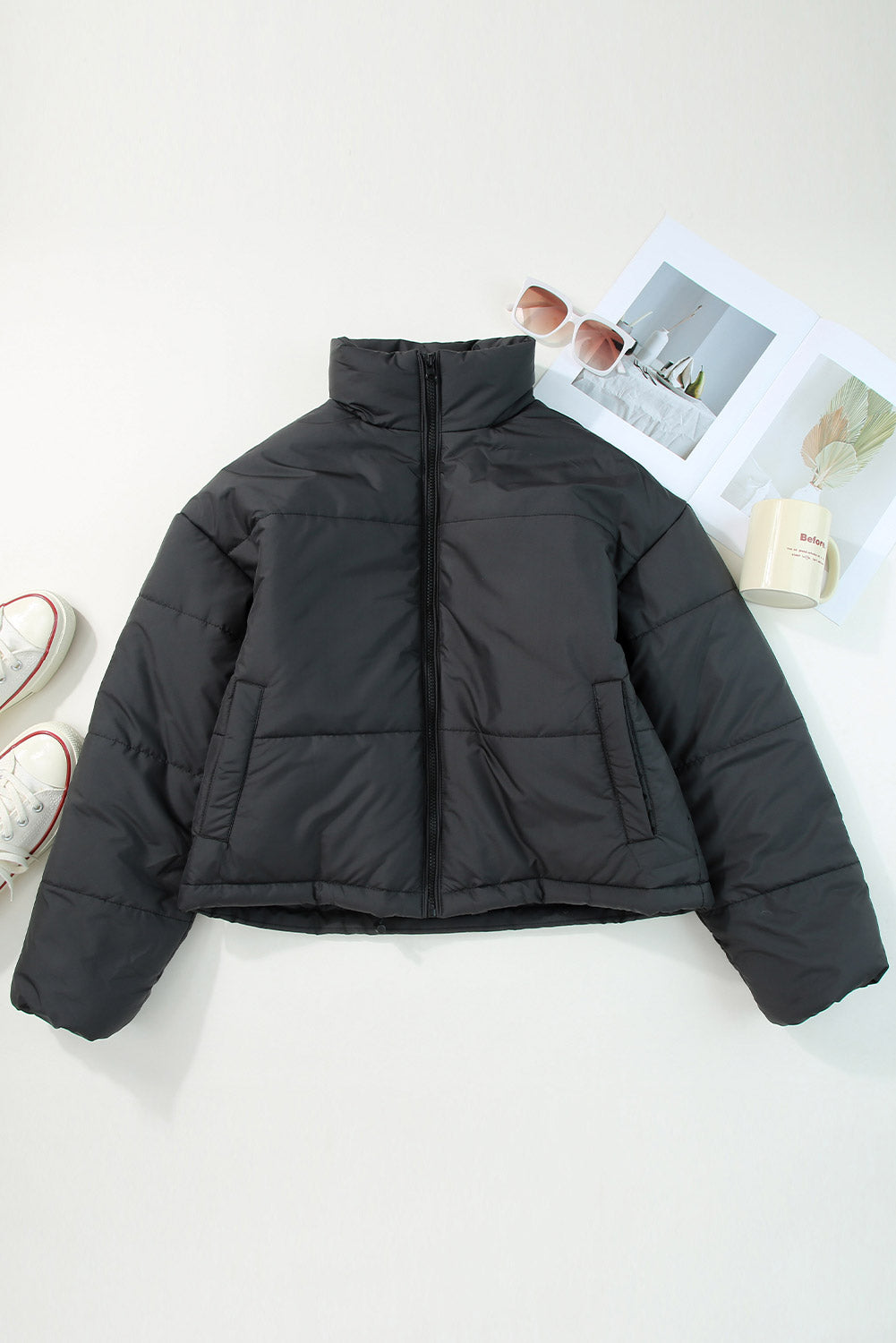 Black Zip Up Drawstring Hem Puffer Jackets