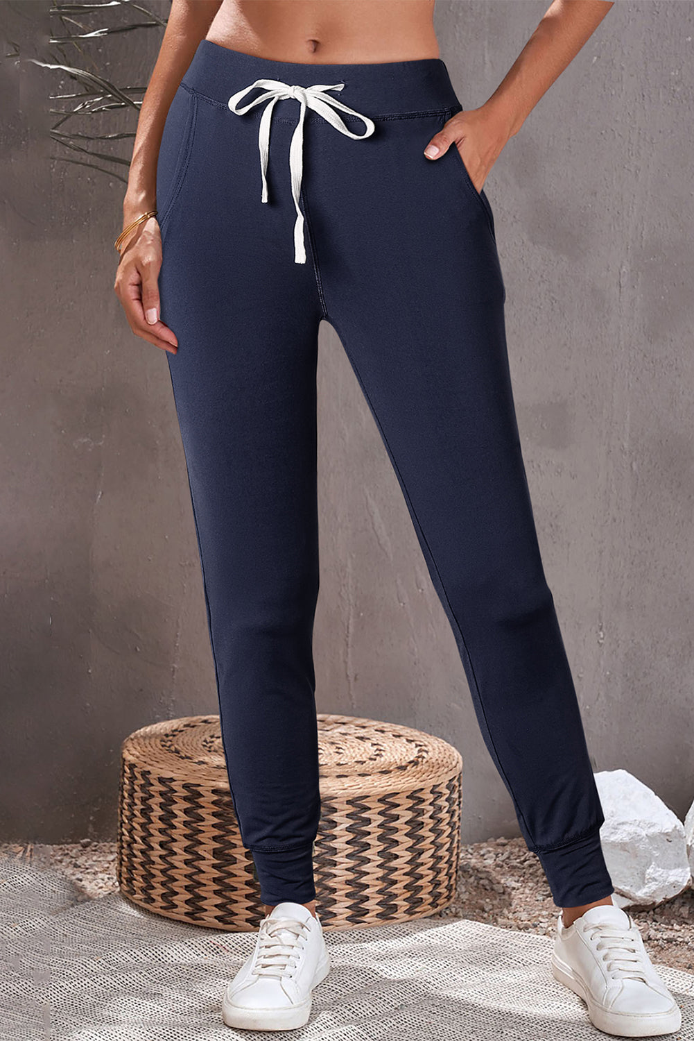 Navy Blue Drawstring Waist Pocketed Joggers