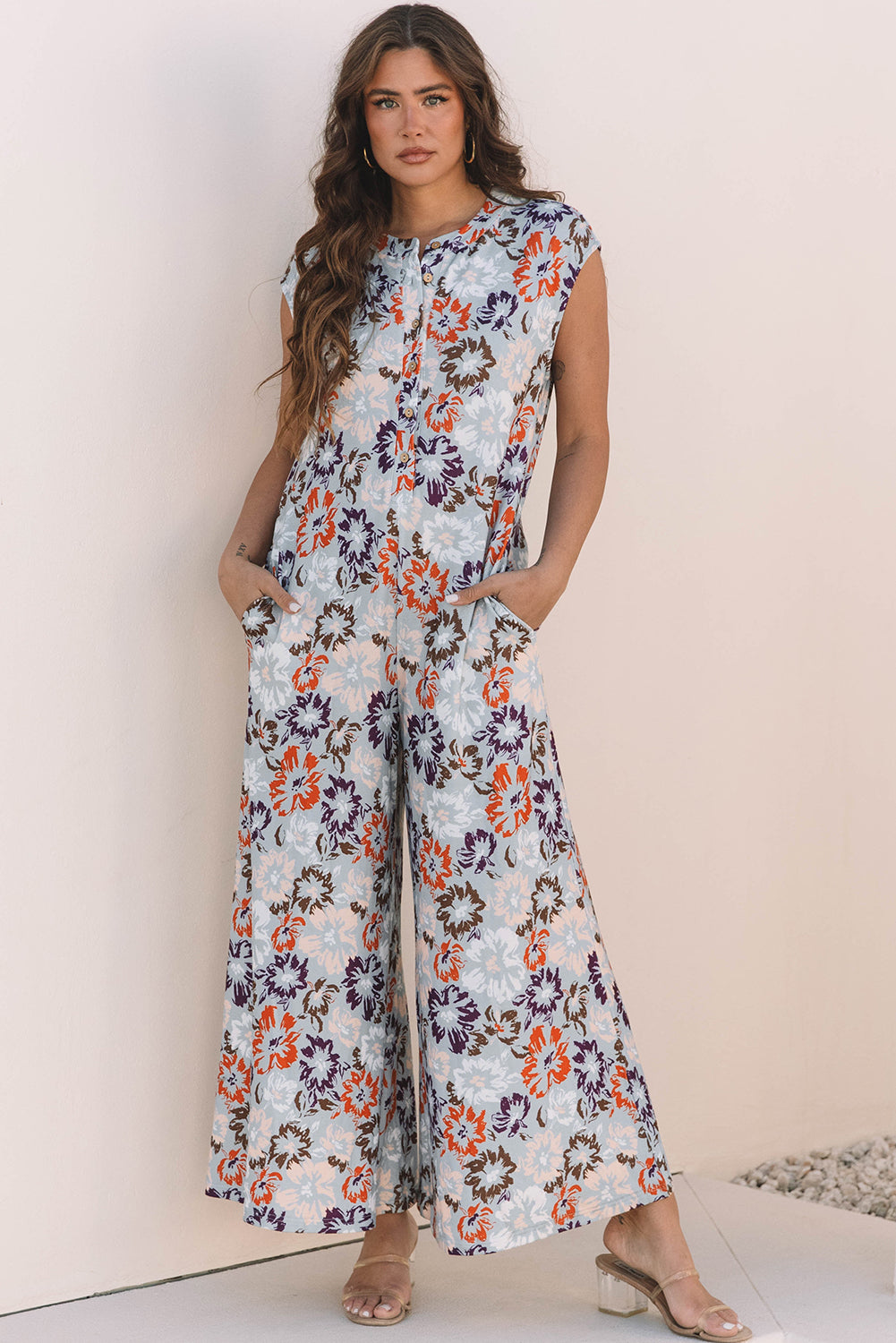 Sky Blue Floral Sleeveless Buttoned Pocketed Wide Leg Jumpsuit