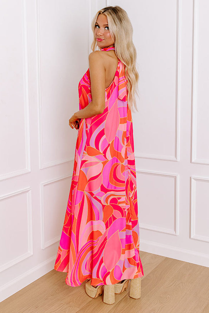 Rose Abstract Printed High Neck Knotted Nape Sleeveless Maxi Dress