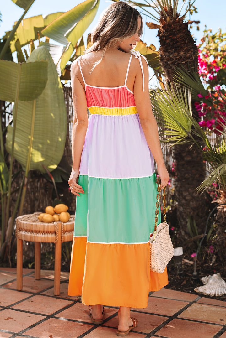 Multicolour Colorblock Self-tie Straps High Waist Flowy Maxi Dress with Pockets