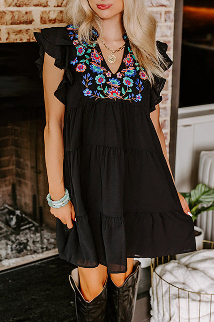 Black Floral Embroidered Tiered Ruffled Mini Dress