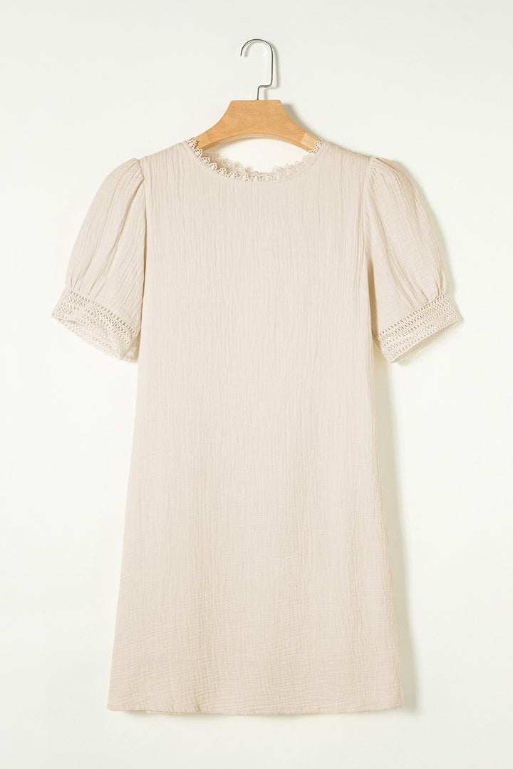 Beige Crinkle Lace Trim Puff Sleeve Shift Mini Dress