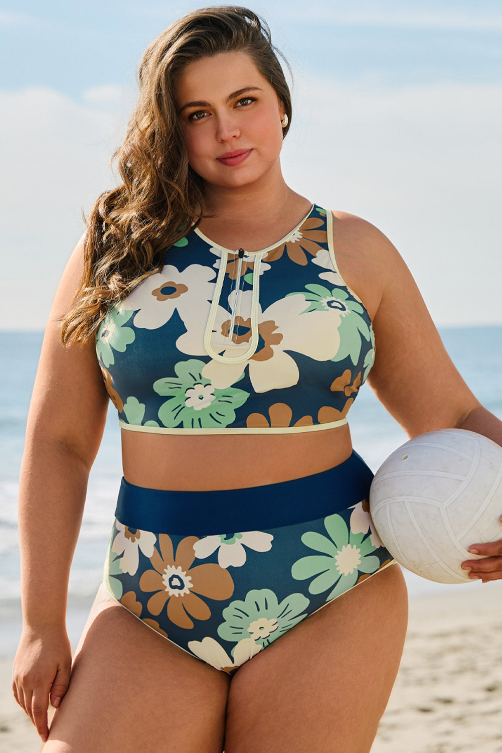 Green Floral Printed Zipped Plus Size Two Pieces Bikini