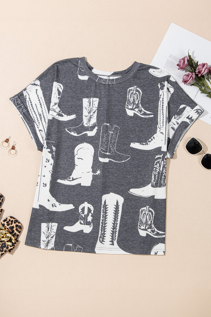 Gray Plus Size Western Boots Print Crew Neck T Shirt