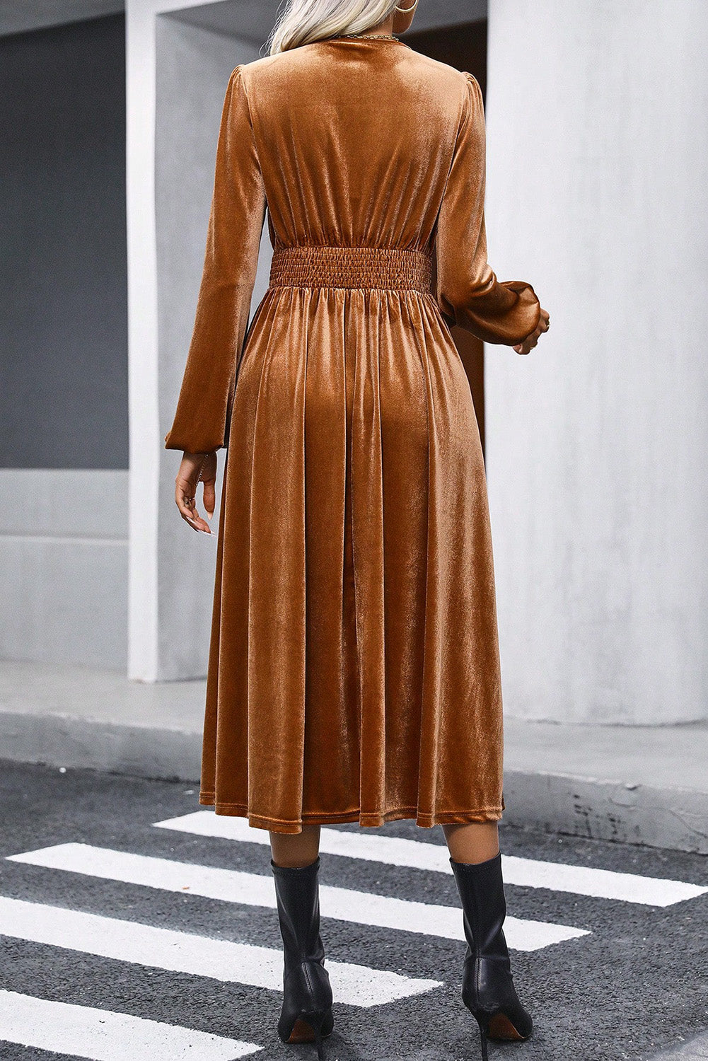 Camel Wrap V Neck Smocked High Waist Velvet Midi Dress