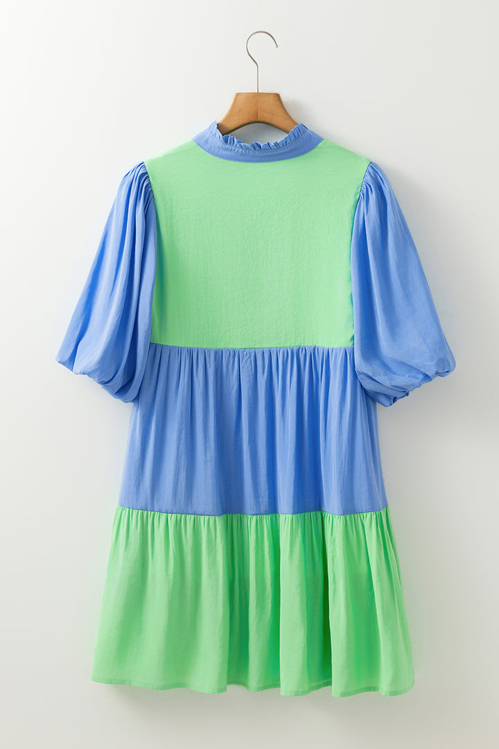 Dark Blue Colorblock Frilled V Neck Puff Half Sleeve Shift Dress