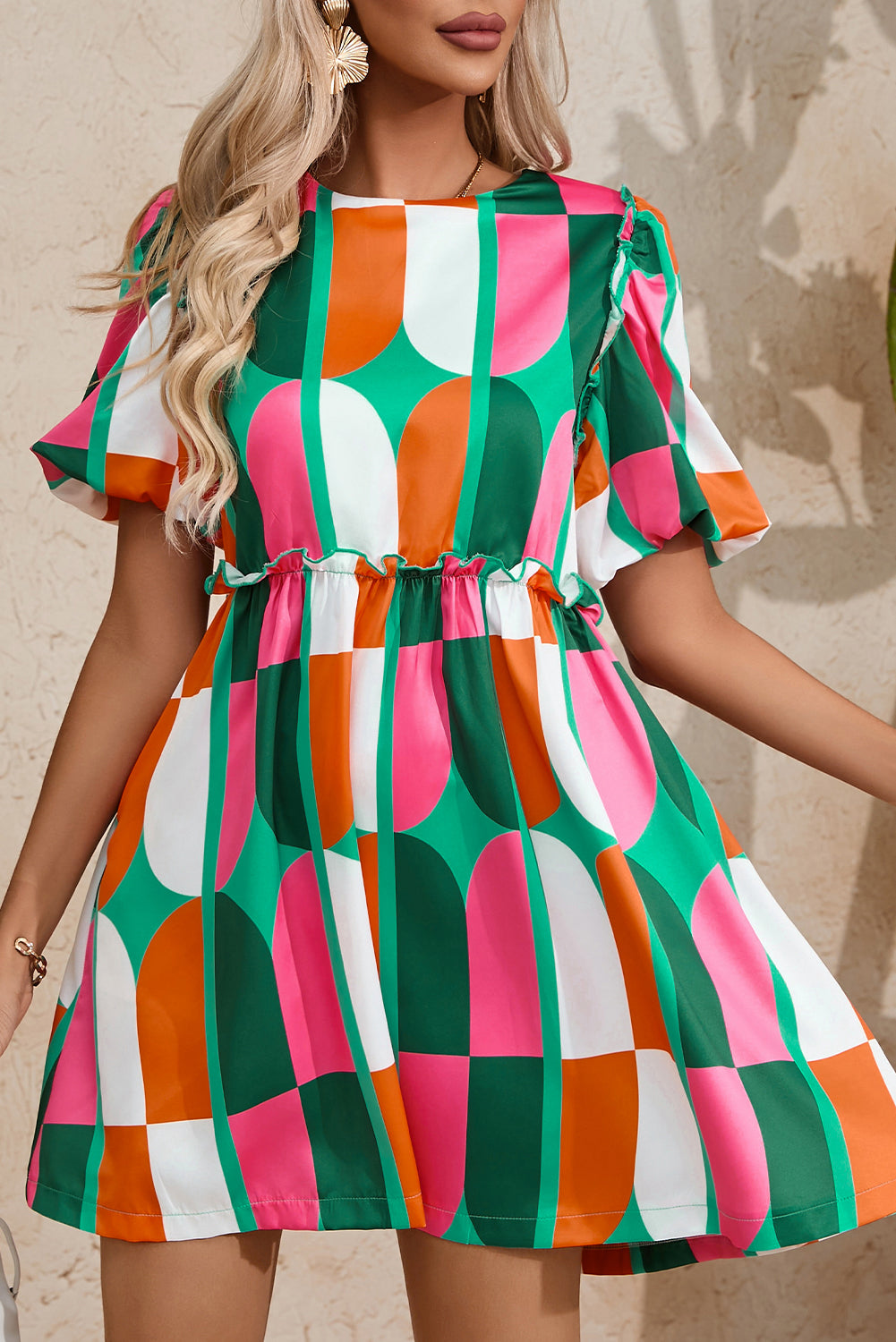 Green Abstract Print Puff Sleeve Short Dress