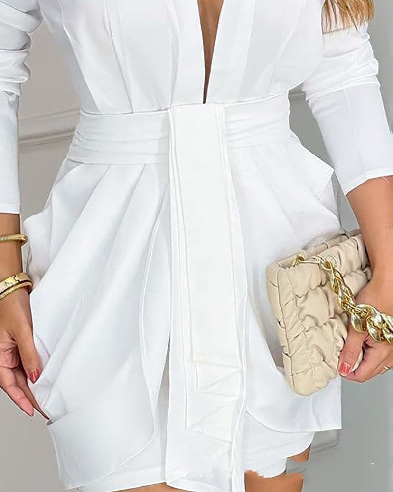 White Deep V Long Sleeve Wrapped Dress Skirt