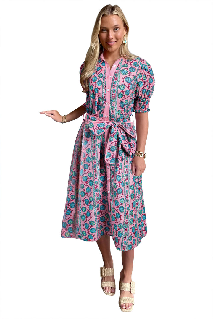 Pink Floral Shirred Puff Sleeve Buttoned Front Midi Dress with Sash