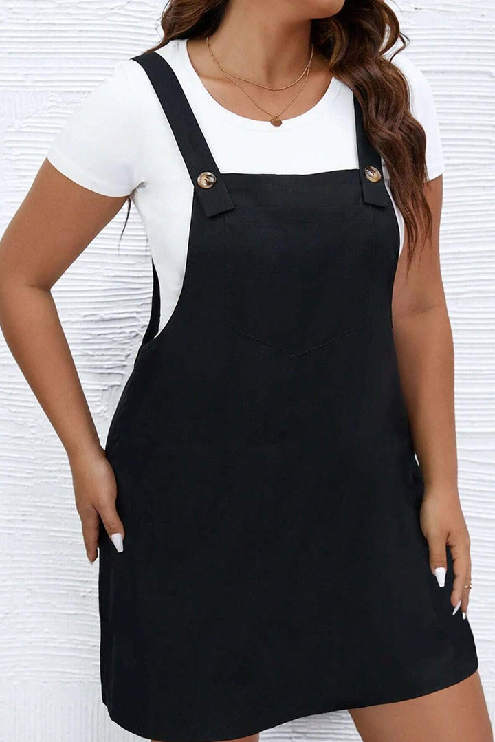 Black Solid Buttoned Straps Plus Size Overall Dress