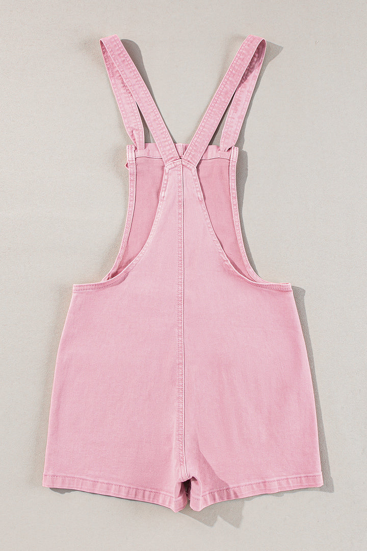 Pink Solid Color Knot Straps Denim Romper with Pockets