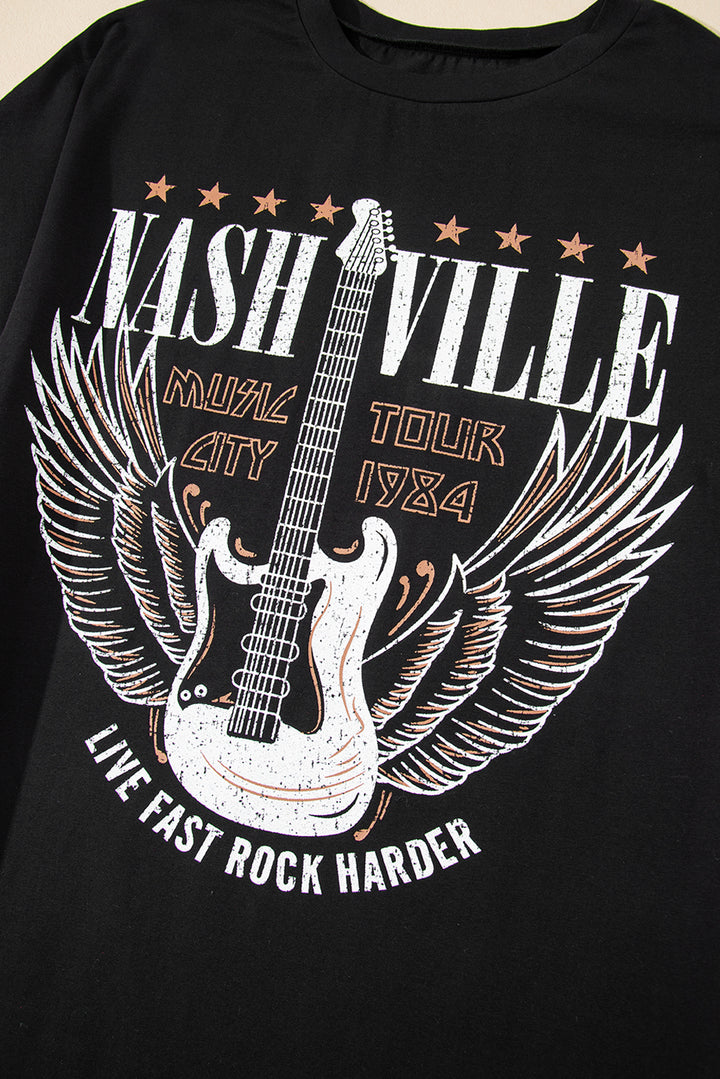 Black Nashville Guitar Print Crew Neck T Shirt Mini Dress