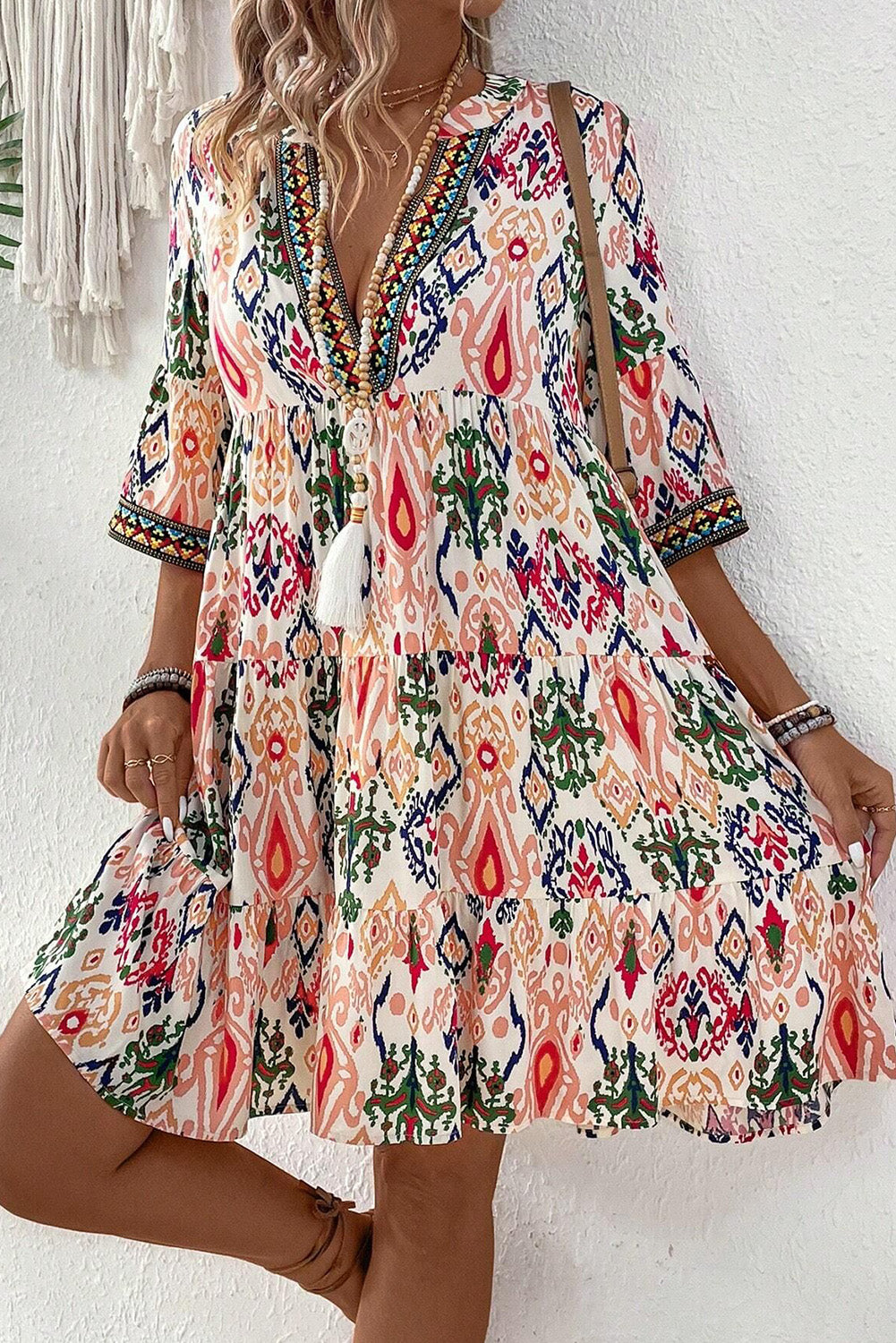 Multicolour Boho Print V Neck Bracelet Sleeve Mini Dress