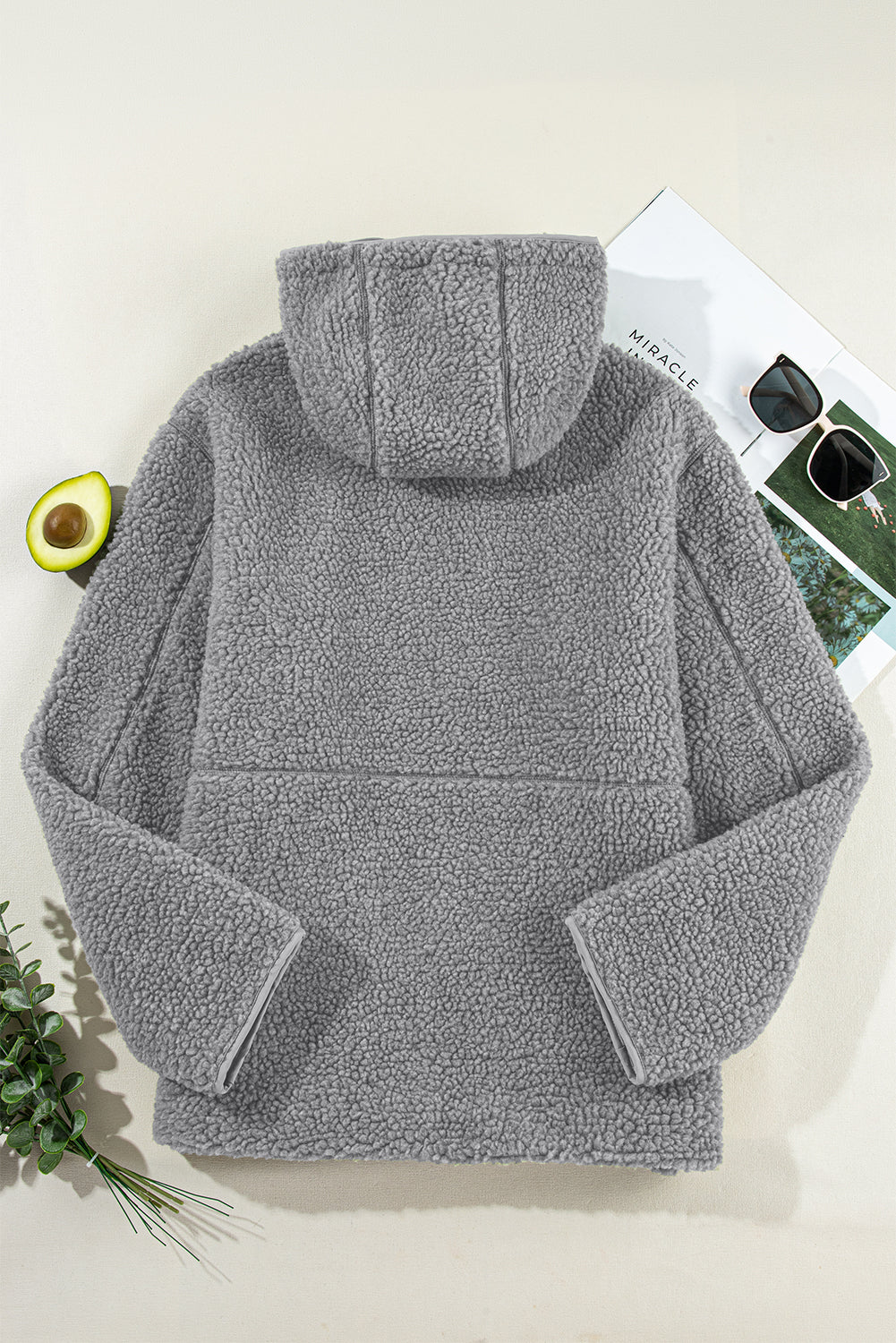 Medium Grey Fleece Zip Up Drawstring Hooded Pocketed Jacket