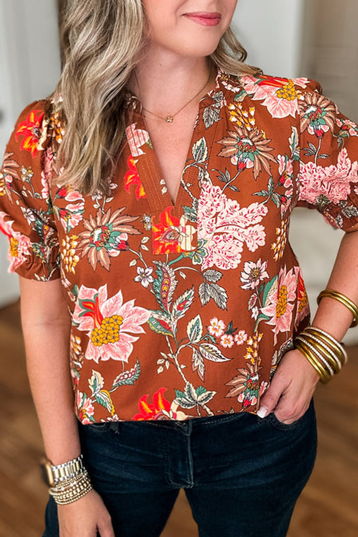 Brown Floral Stitched V Neck Frilled Trim Puff Short Sleeve Blouse