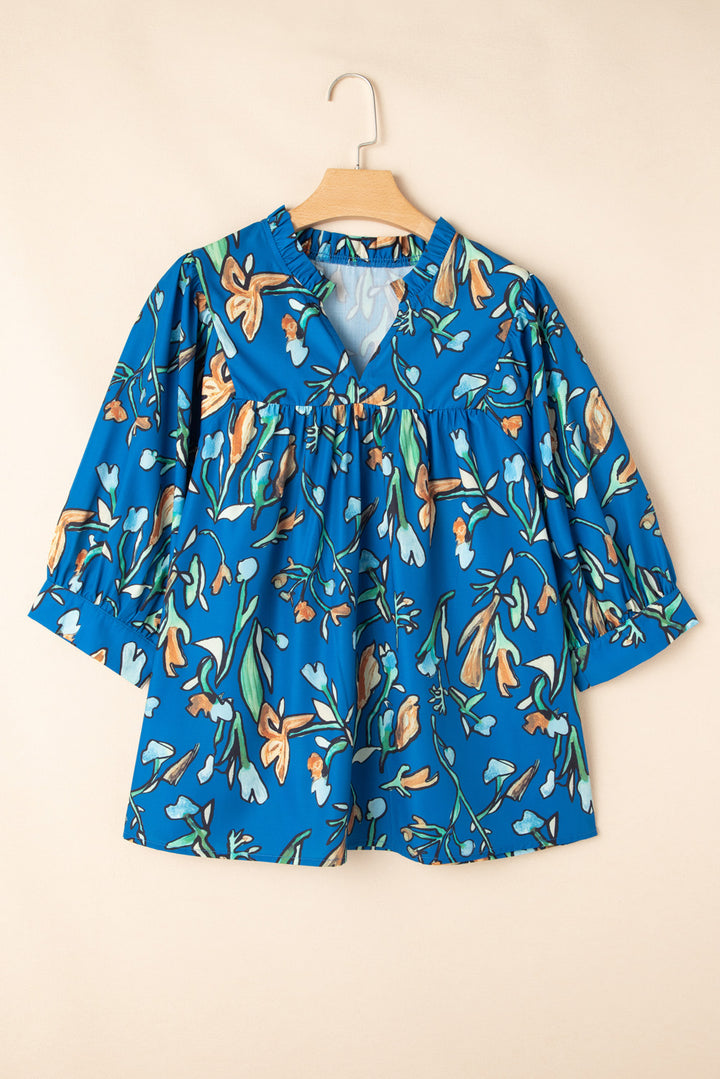 Blue Floral Notched V Neck Half Sleeve Plus Size Blouse