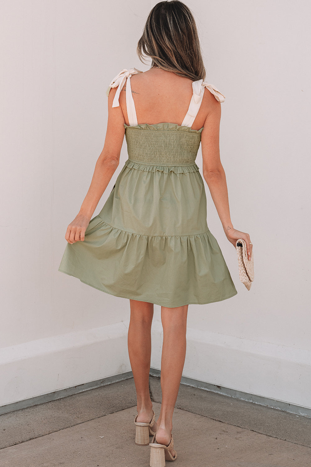 Laurel Green Smocked Bodice Self-tie Straps A-line Ruffled Mini Dress