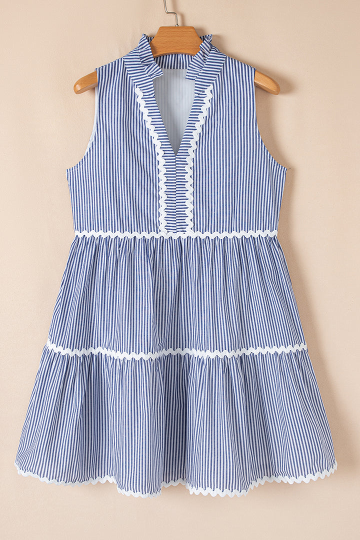 Blue Stripe Sleeveless Notched V Neck Contrast Ric Rac Mini Dress