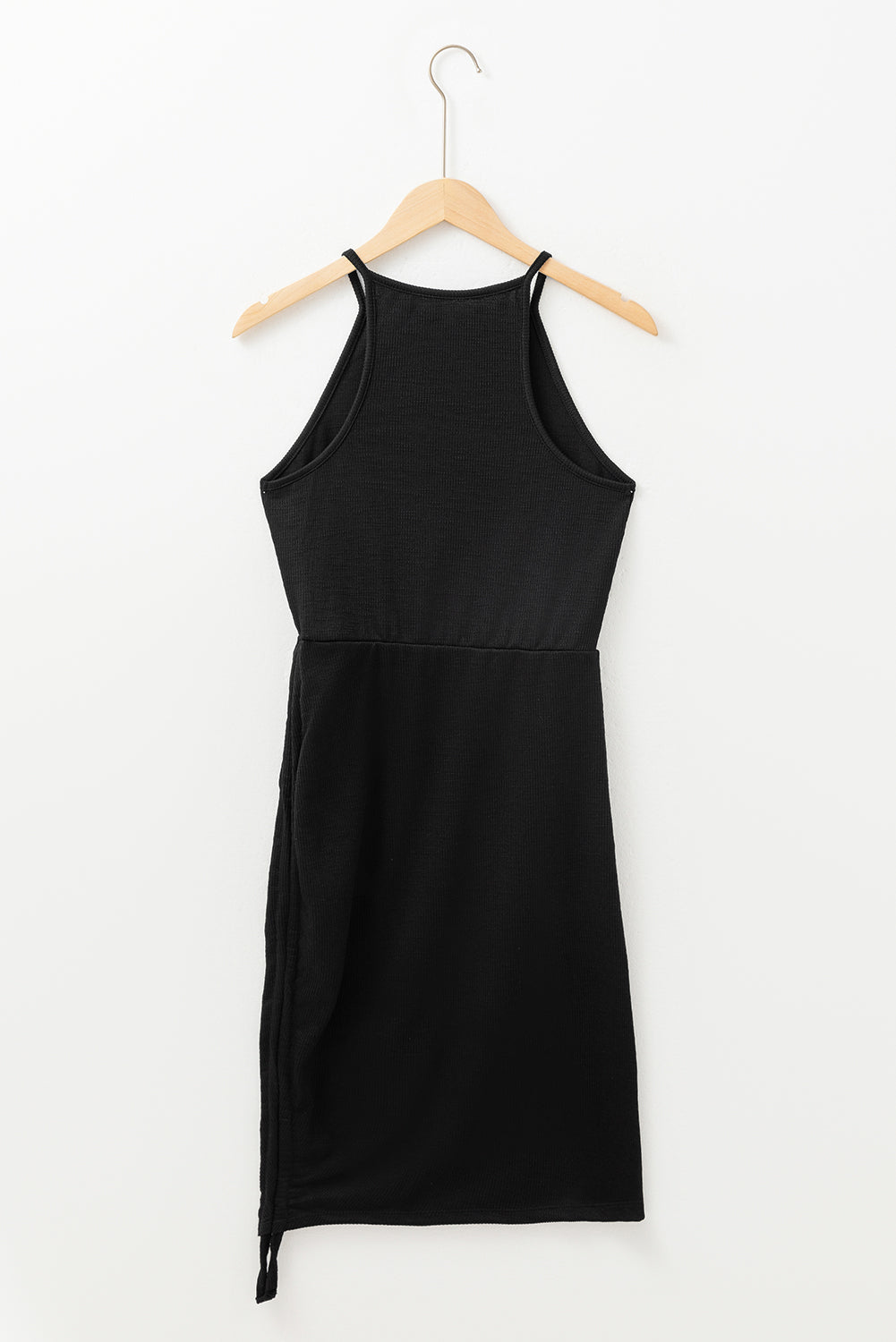 Black Racerback Ribbed Knit Drawstring Bodycon Dress