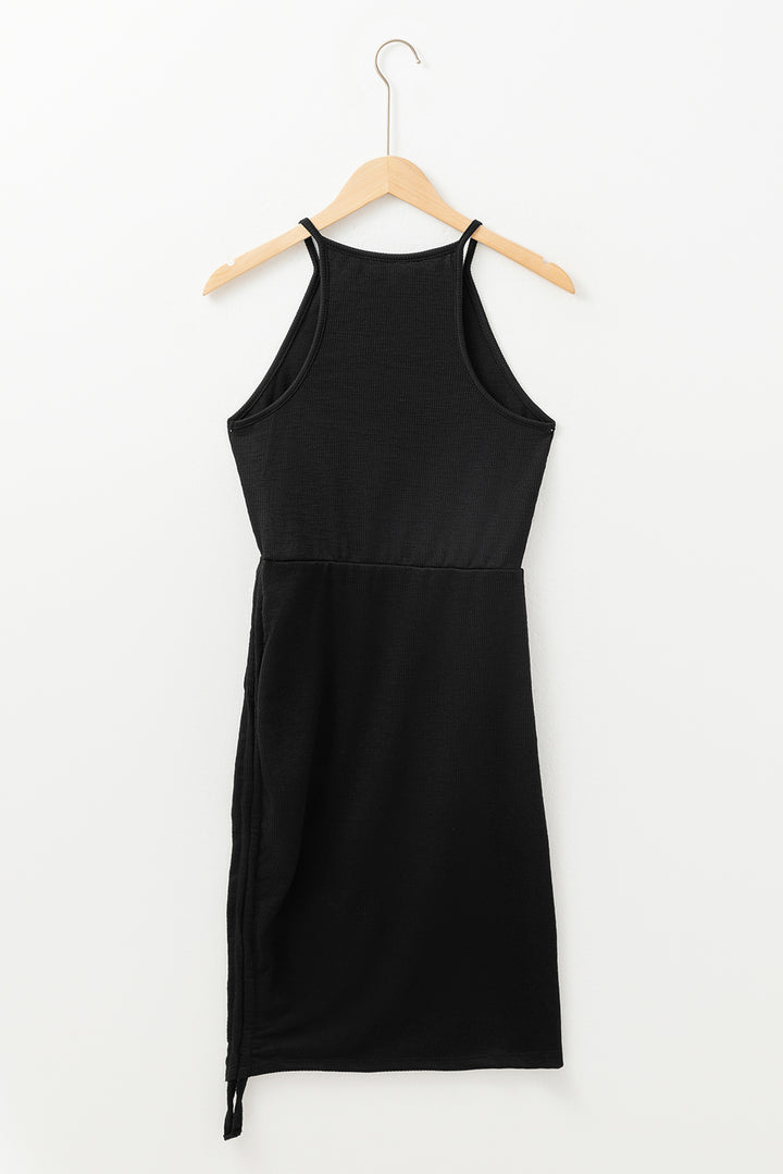 Black Racerback Ribbed Knit Drawstring Bodycon Dress