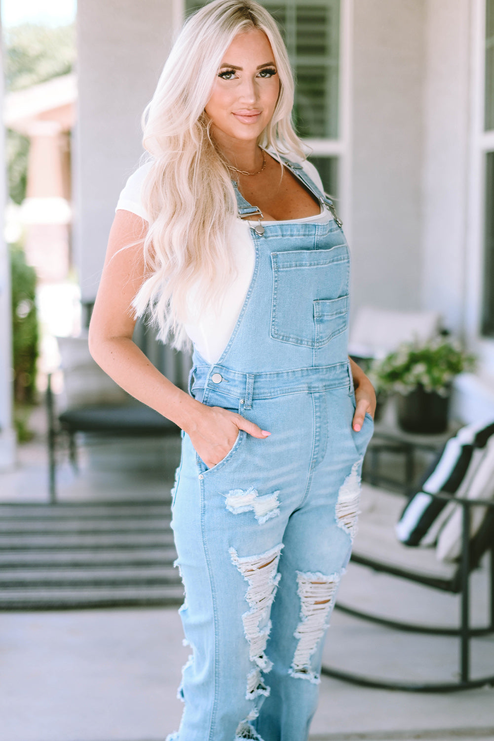 Sky Blue Constructed Bib Pocket Distressed Denim Overalls