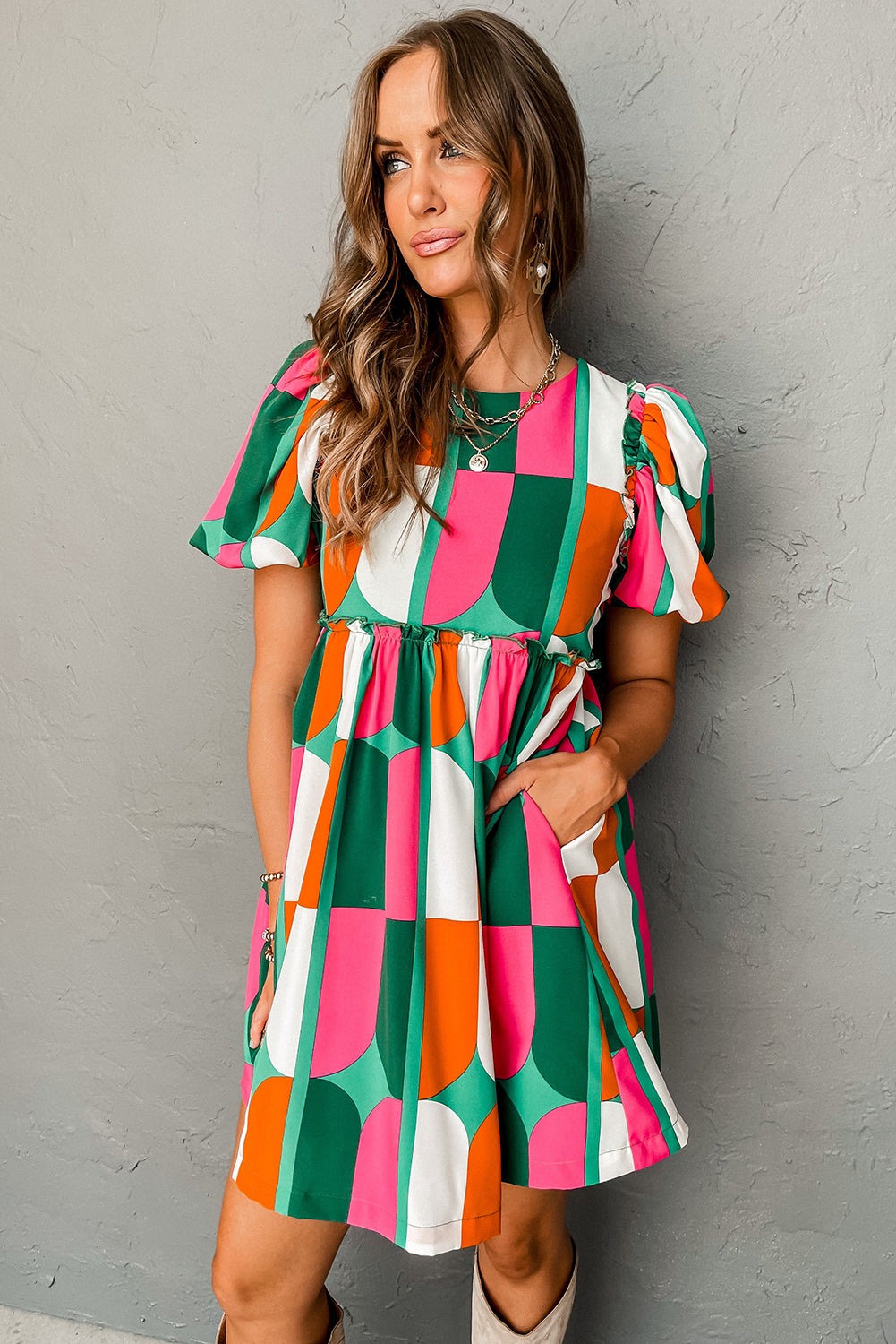 Green Abstract Print Puff Sleeve Short Dress