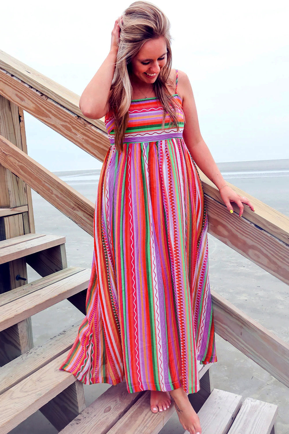 Multicolour Striped Thin Straps Smocked Back Boho Maxi Dress