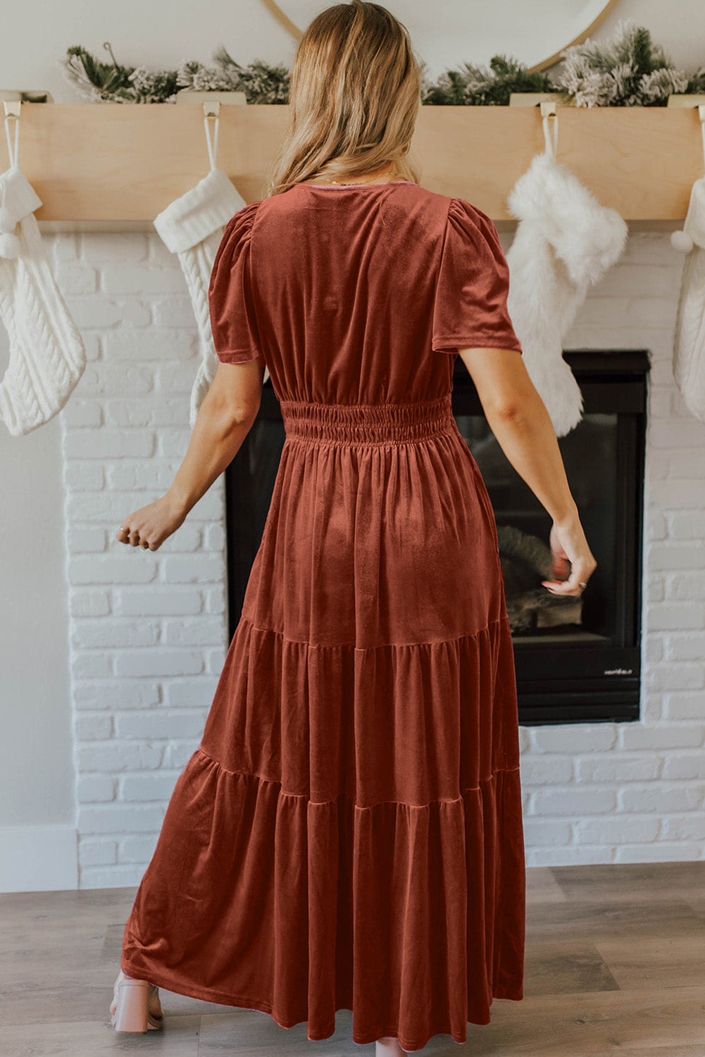 Chestnut Velvet Short Sleeve Shirred Waist Tiered Maxi Dress