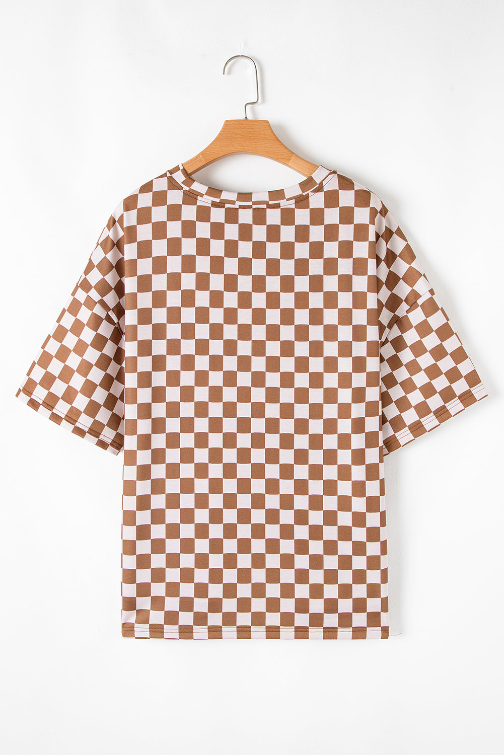 Brown Plus Size Checkerboard Print Side Slim Tee Shorts Set