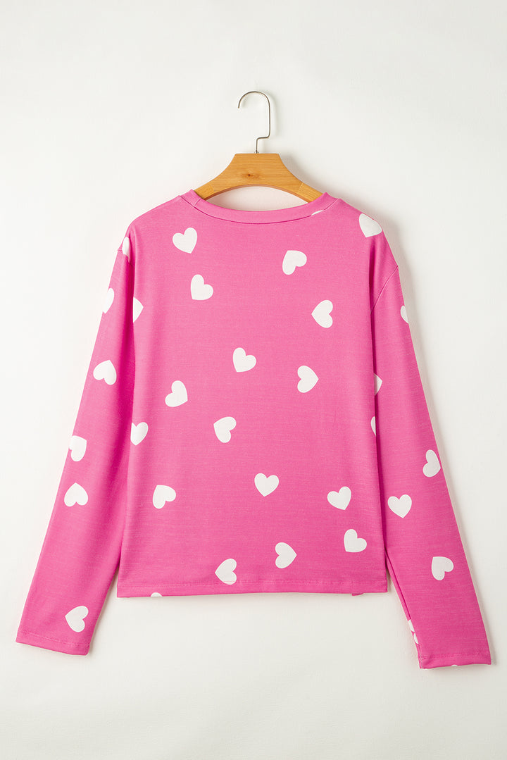 Pink Valentine Heart Print Long Sleeve Tee and Shorts Lounge Set