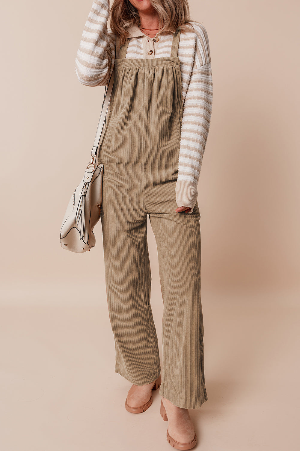 Gray Morn Solid Pocketed Loose Fit Corduroy Overall