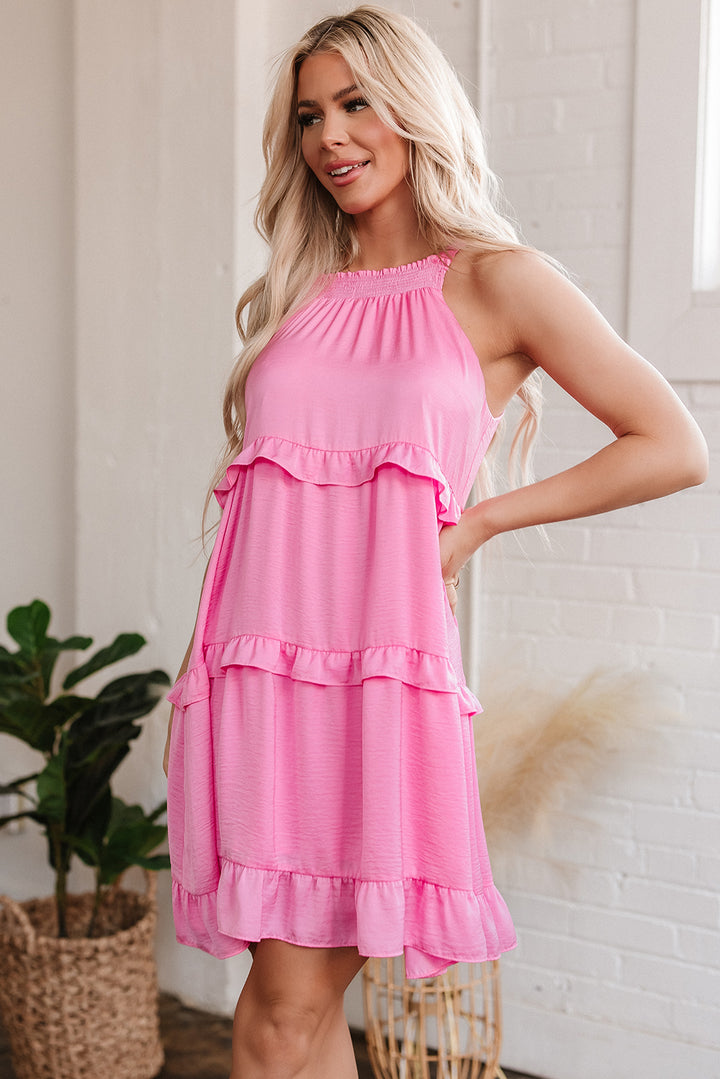 Pink Smocked Neck Knot Back Frilly Tiered Sleeveless Mini Dress