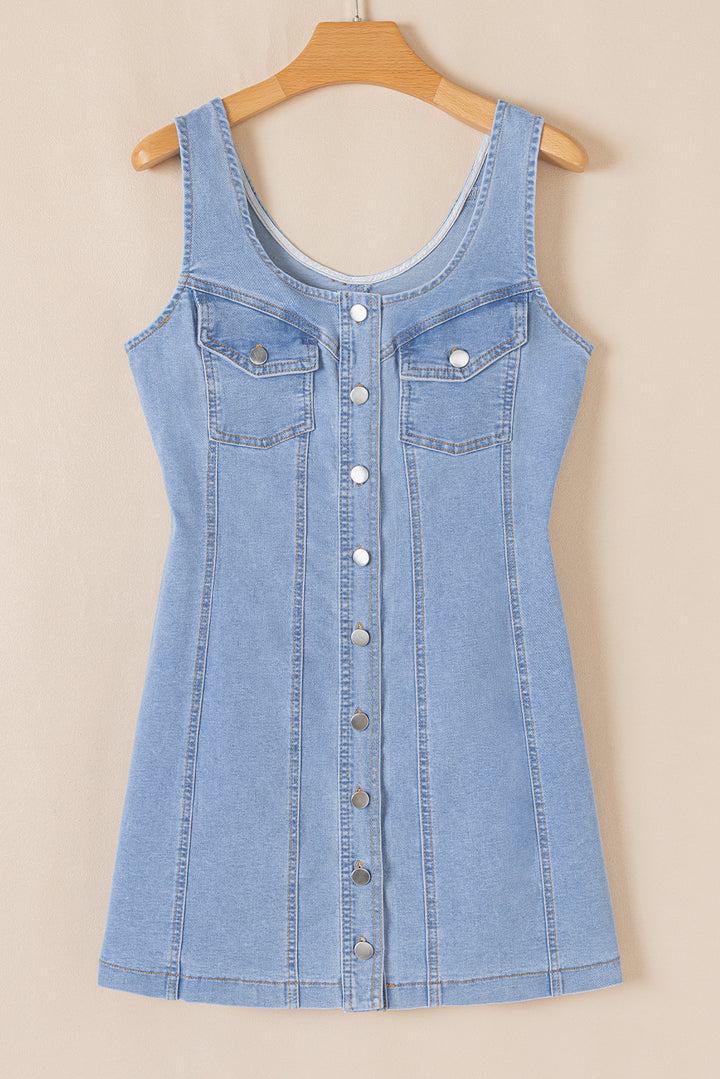 Beau Blue Light Wash Denim Buttoned Front Chest Pockets Sleeveless Slim Mini Dress