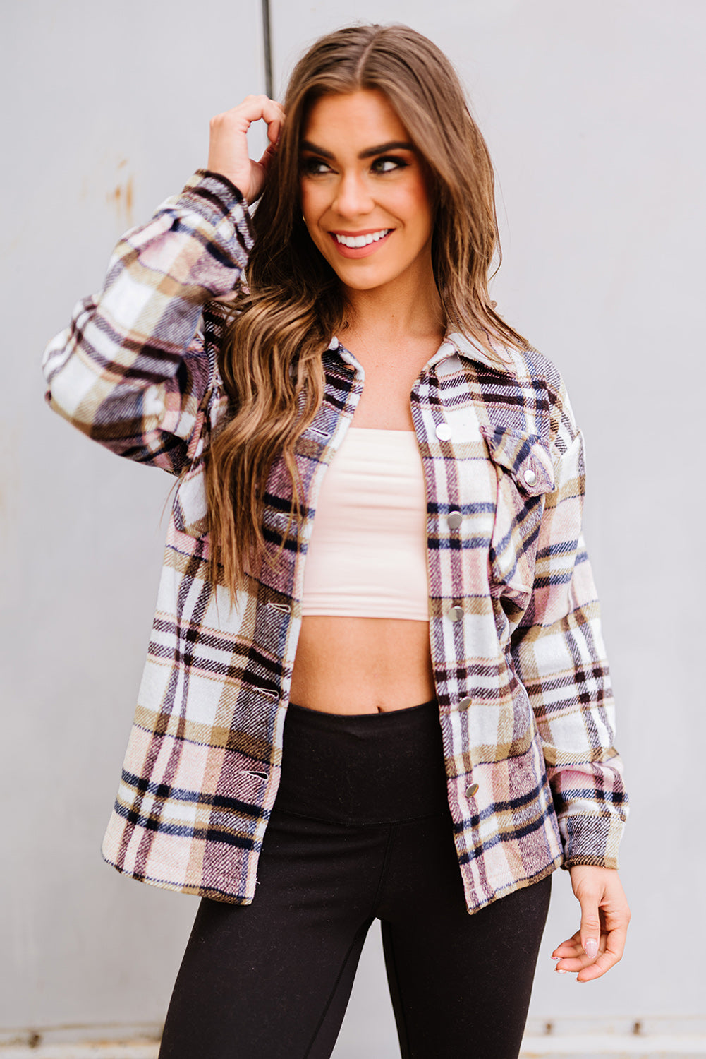 Pink Geometric Plaid Print Pocketed Shacket