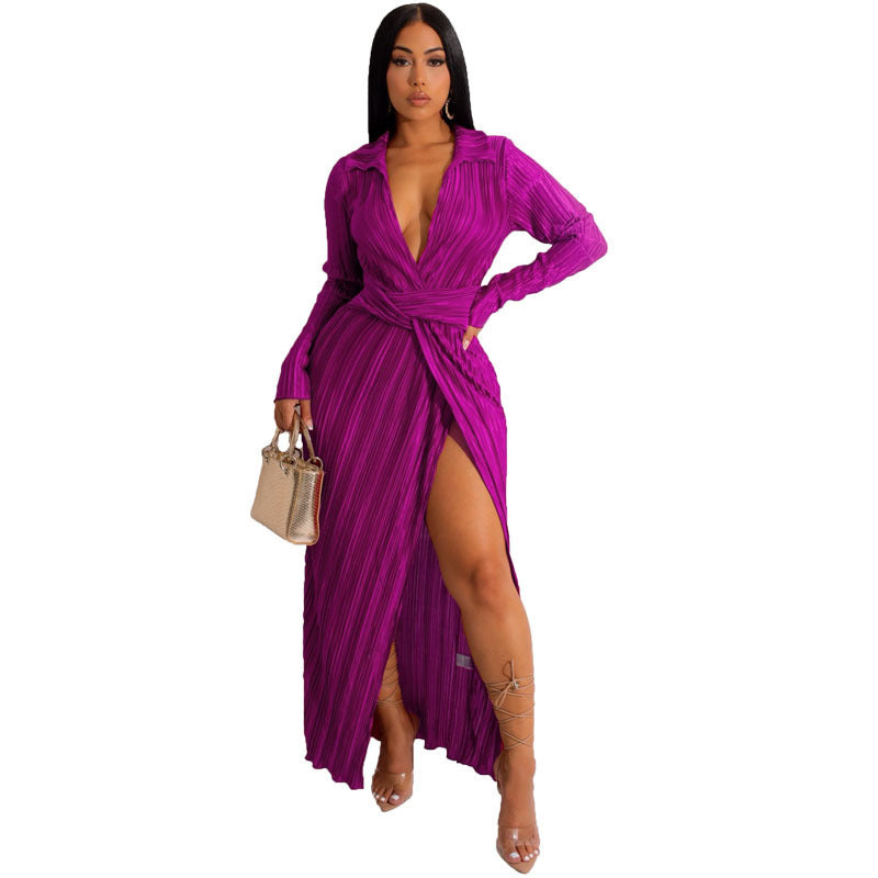 European And American Slit Dress Autumn And Winter New V-neck Long Sleeve Pleated Dress