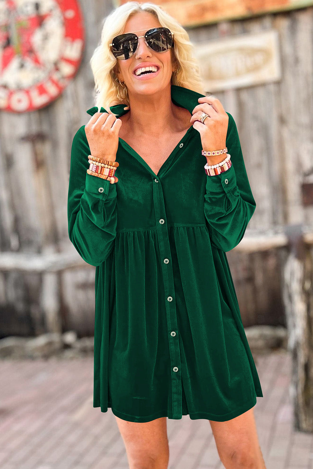 Green Long Sleeve Ruffle Velvet Button Up Dress