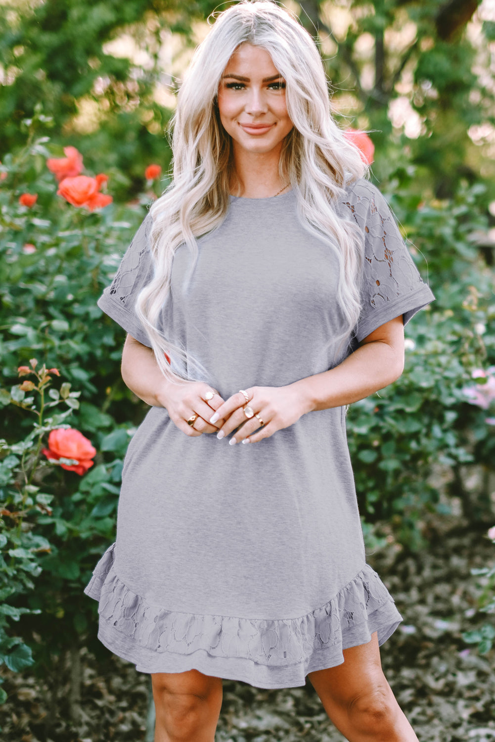 Light Grey Lace Floral Patchwork Ruffled T-shirt Dress