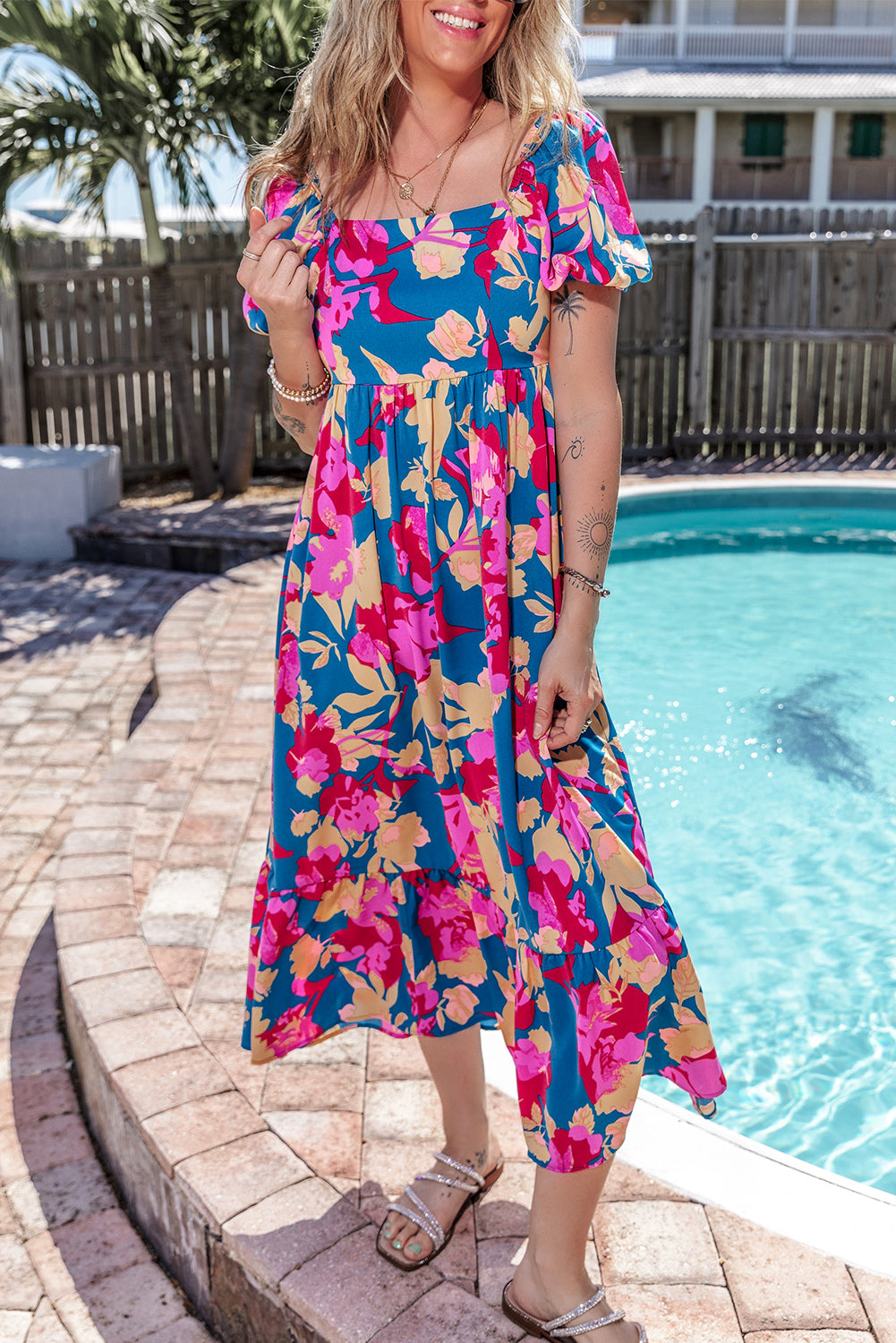 Dark Blue Square Neck Bubble Sleeve Ruffled Floral Dress