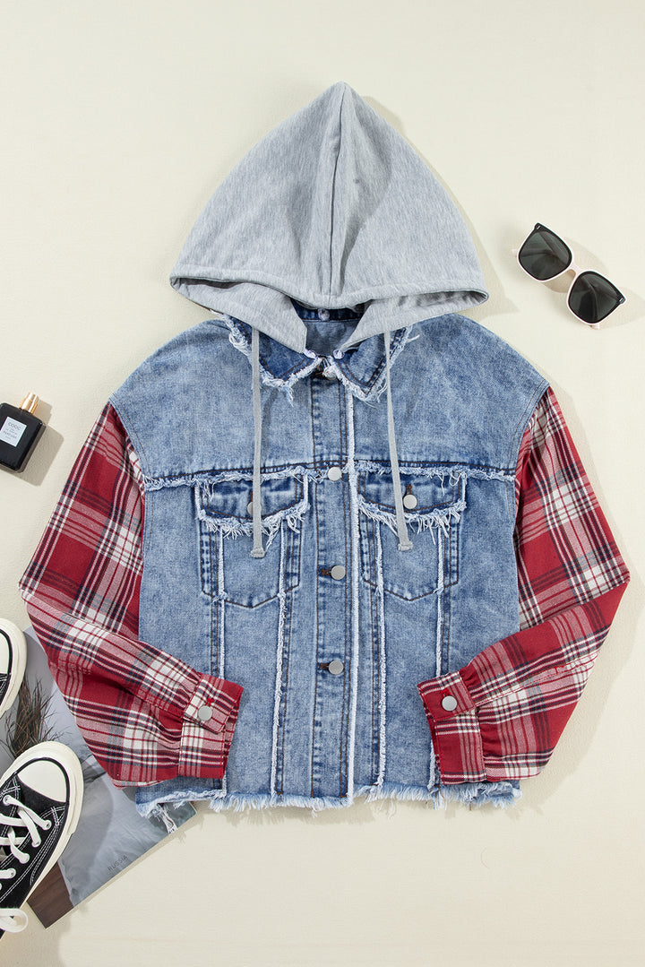 Beau Blue Plaid Print Patchwork Hooded Raw Hem Denim Jacket